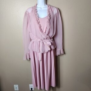 Vintage 70s Pink Accordion Pleated Sleeveless Dress w/Sheer Ruffle Jacket-Size S